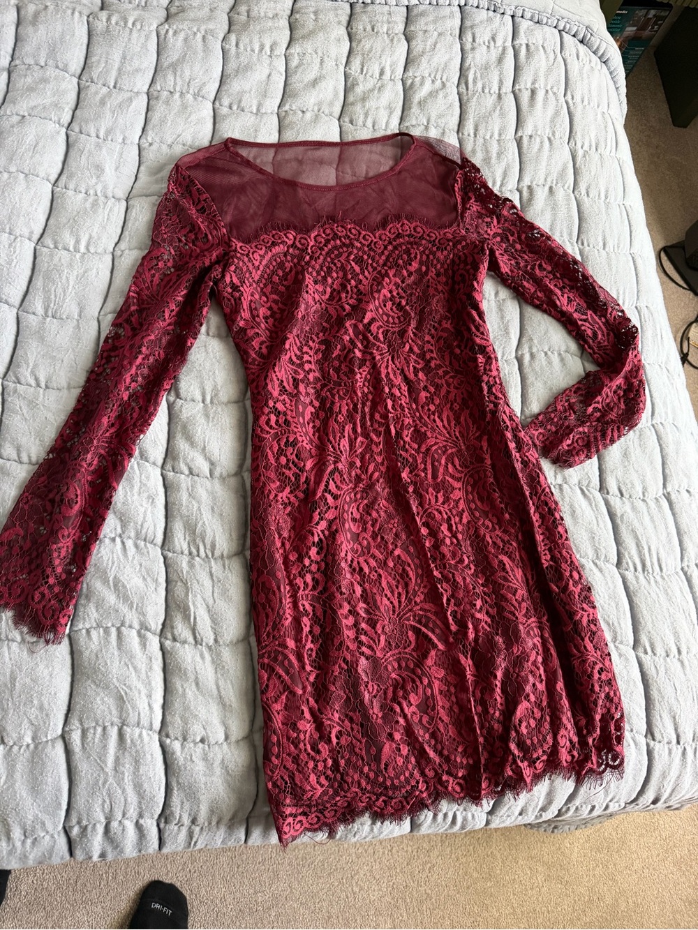 Jump Burgundy Long Sleeve Lace Dress with Sheer Yoke